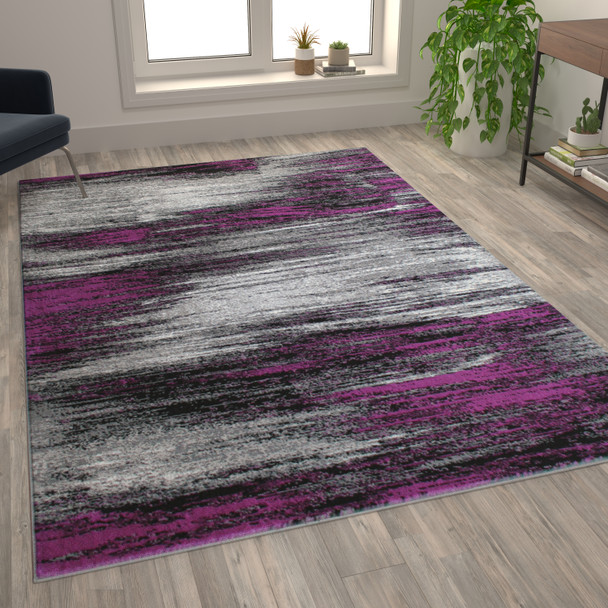 Rylan Collection 6' x 9' Purple Scraped Design Area Rug - Olefin Rug with Jute Backing - Living Room, Bedroom, Entryway