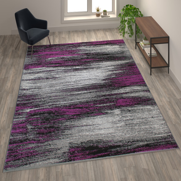 Rylan Collection 8' x 10' Purple Scraped Design Area Rug - Olefin Rug with Jute Backing - Living Room, Bedroom, Entryway