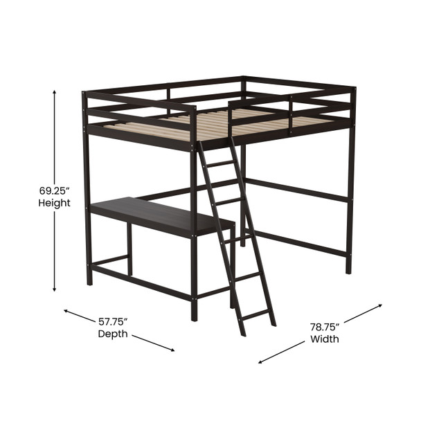 Riley Loft Bed Frame with Desk, Full Size Wooden Bed Frame with Protective Guard Rails & Ladder for Kids, Teens and Adults - Espresso