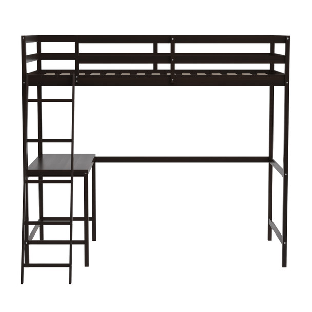 Riley Loft Bed Frame with Desk, Twin Size Wooden Bed Frame with Protective Guard Rails & Ladder for Kids, Teens and Adults - Espresso