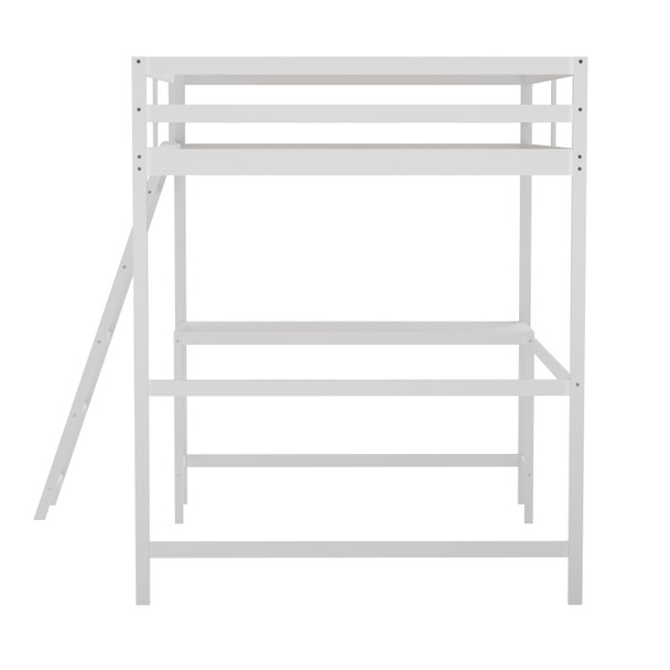 Riley Loft Bed Frame with Desk, Full Size Wooden Bed Frame with Protective Guard Rails & Ladder for Kids, Teens and Adults - White