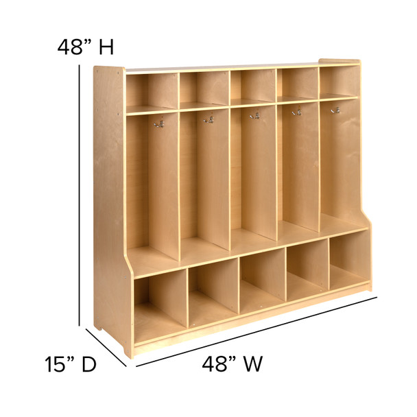 Hercules Wooden 5 Section School Coat Locker with Bench, Cubbies, and Storage Organizer Hook-Safe, Kid Friendly Design - 48"H x 48"L (Natural)