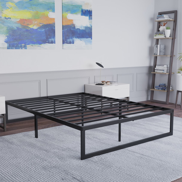 Bentley Universal 14 Inch Metal Platform Bed Frame - No Box Spring Needed w/ Steel Slat Support and Quick Lock Functionality - Full