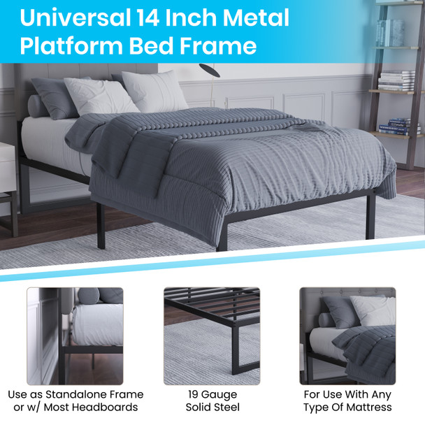 Bentley Universal 14 Inch Metal Platform Bed Frame - No Box Spring Needed w/ Steel Slat Support and Quick Lock Functionality - Twin