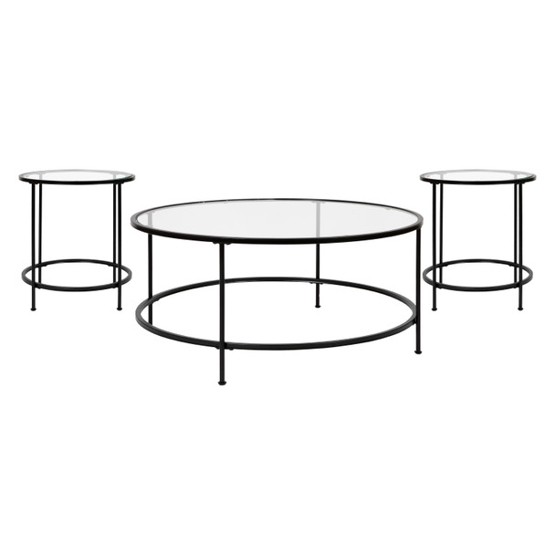 Astoria Collection Coffee and End Table Set - Clear Glass Top with Round Matte Black Frame - 3 Piece Occasional Table Set