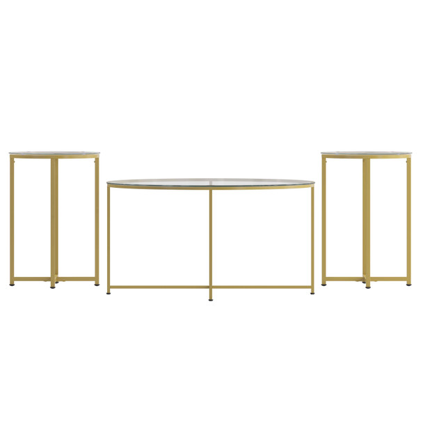 Greenwich Collection Coffee and End Table Set - Clear Glass Top with Brushed Gold Frame - 3 Piece Occasional Table Set
