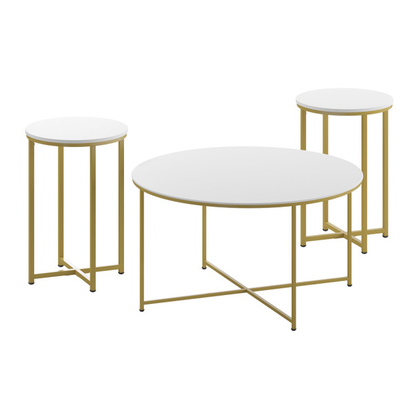 Hampstead Collection Coffee and End Table Set - White Laminate Top with Brushed Gold Crisscross Frame, 3 Piece Occasional Table Set