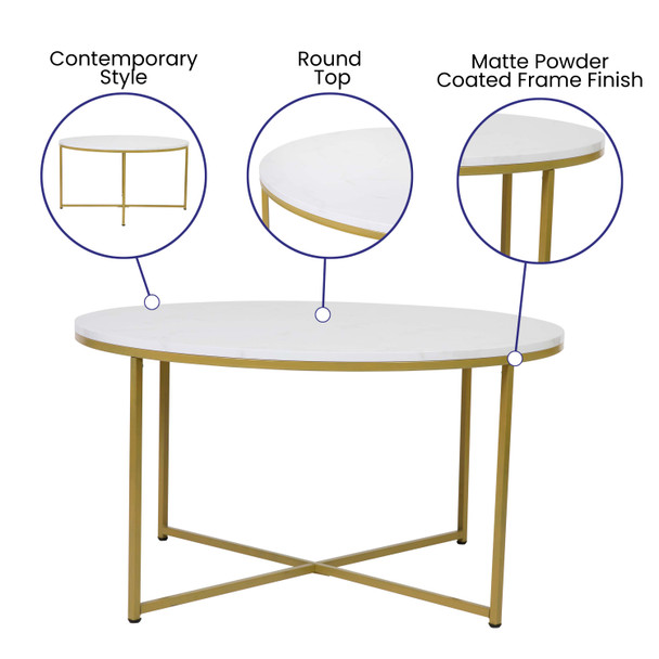 Hampstead Collection Coffee and End Table Set - White Marbled Laminate Top & Brushed Gold Crisscross Frame, 3 Piece Table Set