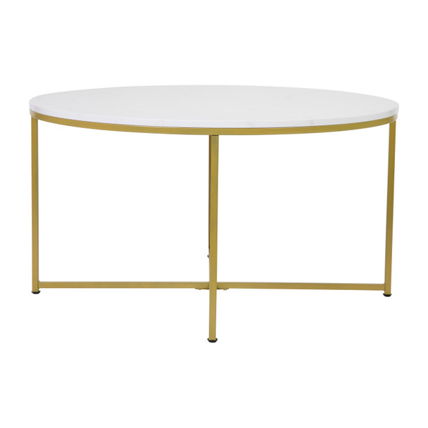 Hampstead Collection Coffee and End Table Set - White Marbled Laminate Top & Brushed Gold Crisscross Frame, 3 Piece Table Set