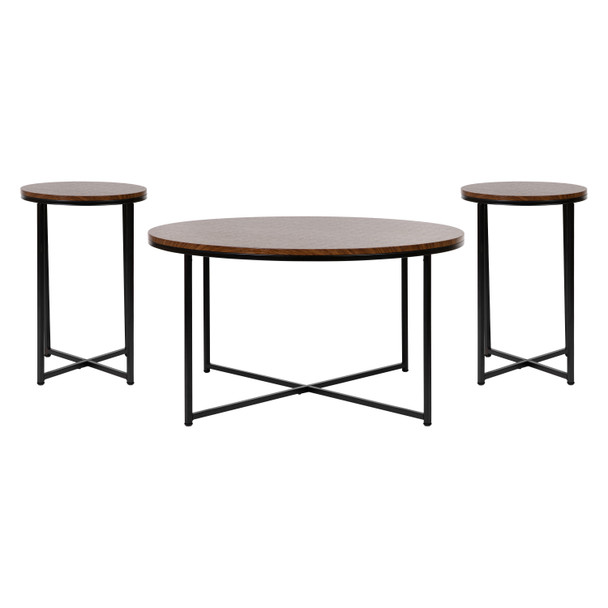 Hampstead Collection Coffee and End Table Set - Walnut Laminate Top & Matte Black Crisscross Frame, 3 Piece Table Set