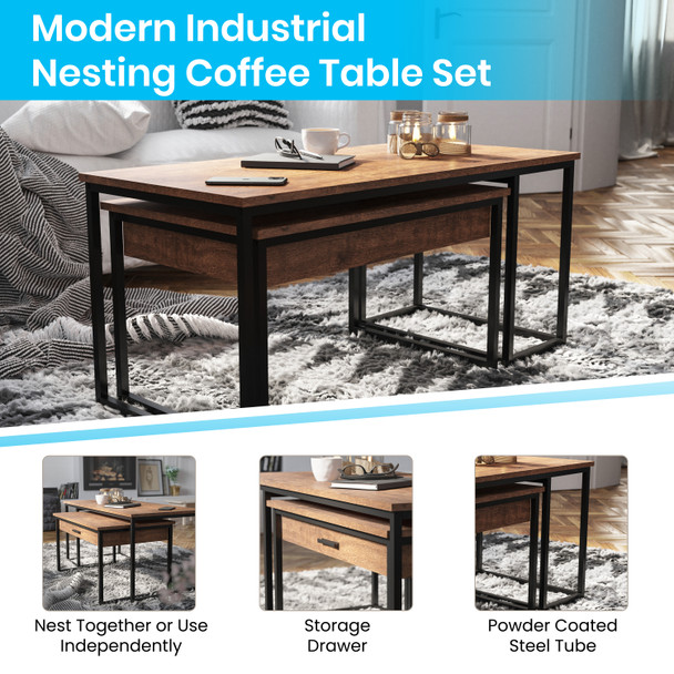 Emerson 2 Piece Modern Nesting Coffee Table Set with Storage Drawer in Walnut Finish with Black Sled Base Metal Frames