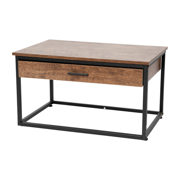 Emerson 2 Piece Modern Nesting Coffee Table Set with Storage Drawer in Walnut Finish with Black Sled Base Metal Frames