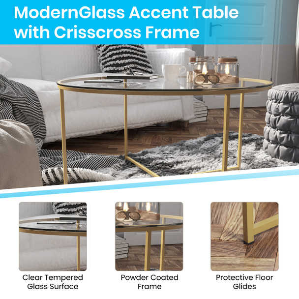 Greenwich Collection Coffee Table - Modern Clear Glass Accent Table with Crisscross Brushed Gold Frame