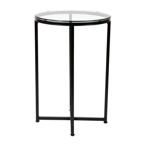 Greenwich Collection End Table - Modern Clear Glass Accent Table with Crisscross Matte Black Frame