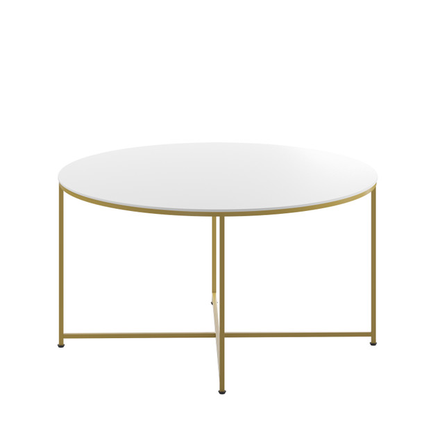 Hampstead Collection Coffee Table - Modern White Finish Accent Table with Crisscross Brushed Gold Frame