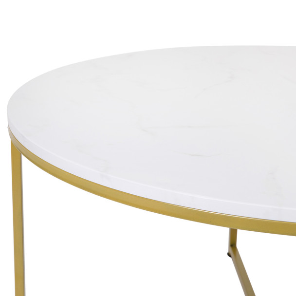 Hampstead Collection Coffee Table - Modern White Marble Finish Accent Table with Crisscross Brushed Gold Frame