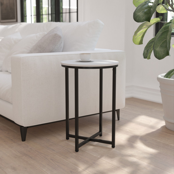 Hampstead Collection End Table - Modern White Finish Accent Table with Crisscross Matte Black Frame
