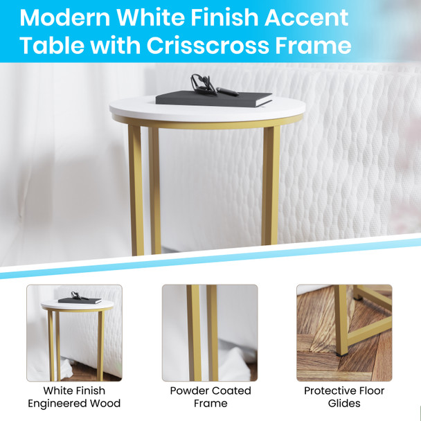 Hampstead Collection End Table - Modern White Finish Accent Table with Crisscross Brushed Gold Frame