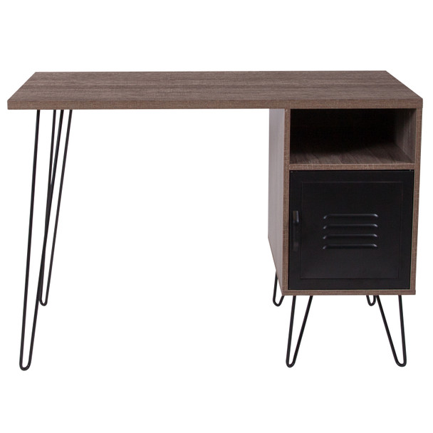 Woodridge Collection Rustic Wood Grain Finish Computer Desk with Metal Cabinet Door and Black Metal Legs