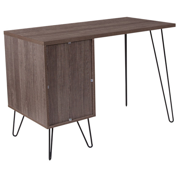 Woodridge Collection Rustic Wood Grain Finish Computer Desk with Metal Cabinet Door and Black Metal Legs