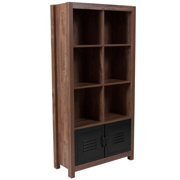 New Lancaster Collection 59.5"H 6 Cube Storage Organizer Bookcase with Metal Cabinet Doors in Crosscut Oak Wood Grain Finish