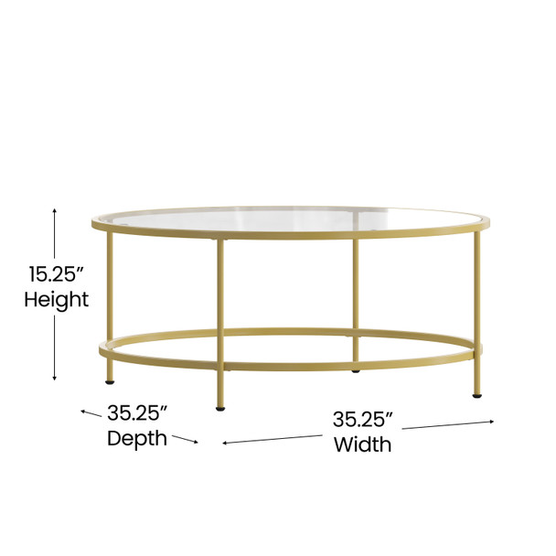 Astoria Collection Round Coffee Table - Modern Clear Glass Coffee Table with Brushed Gold Frame