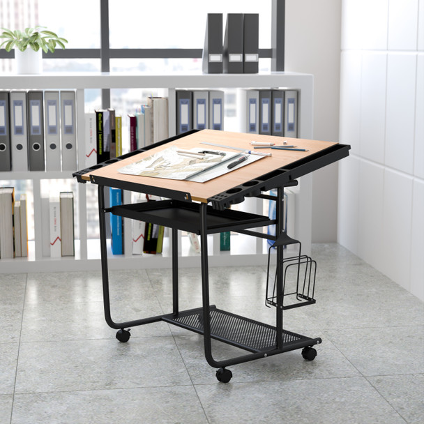 Swanson Adjustable Drawing and Drafting Table with Black Frame and Dual Wheel Casters