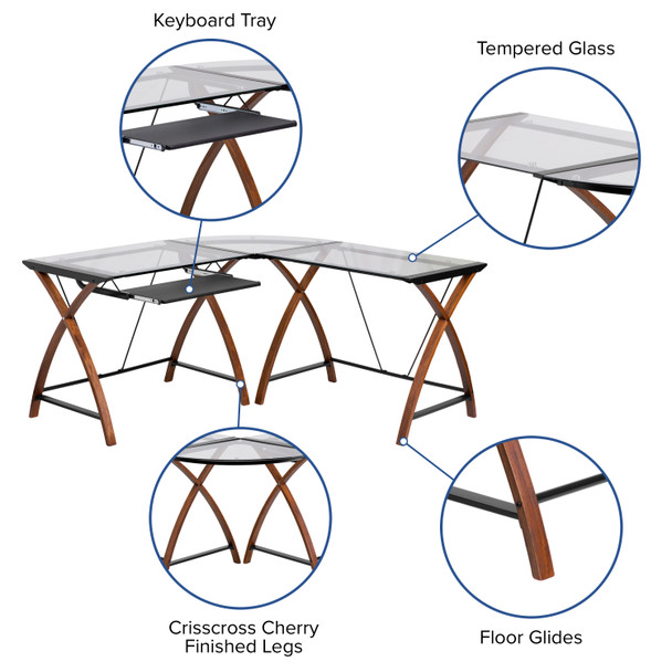 Jude Glass L-Shape Desk with Pull-Out Keyboard Tray