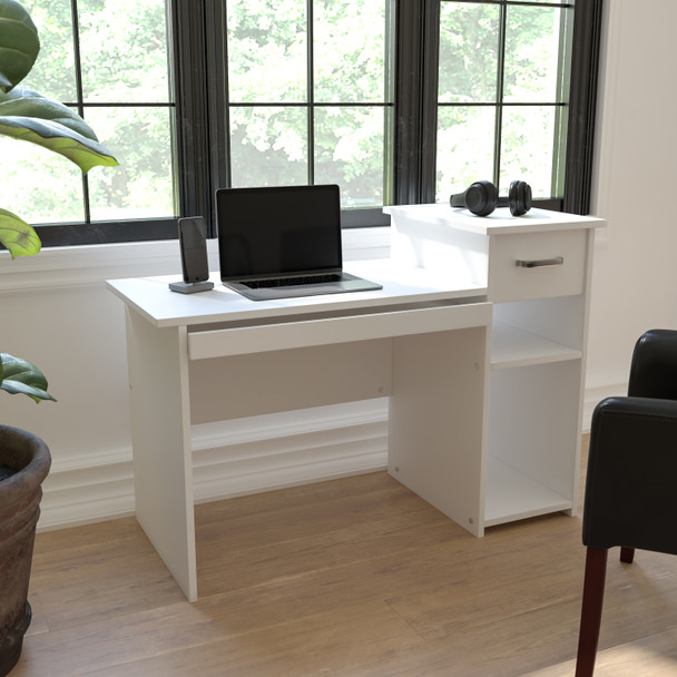 Highland Park White Computer Desk with Shelves and Drawer