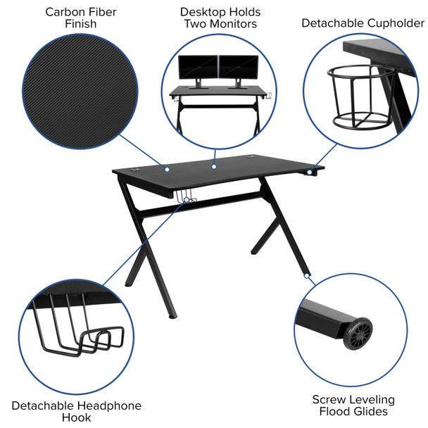 Duncan Gaming Desk 45.25" x 29" Computer Table Gamer Workstation with Headphone Holder and 2 Cable Management Holes