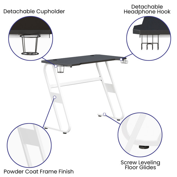 Fisher White Gaming Ergonomic Desk with Cup Holder and Headphone Hook