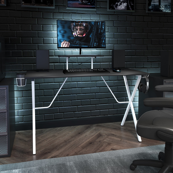 Mallot Black Gaming Desk and White Frame with Cup Holder, Headphone Hook, and Monitor/Smartphone Stand