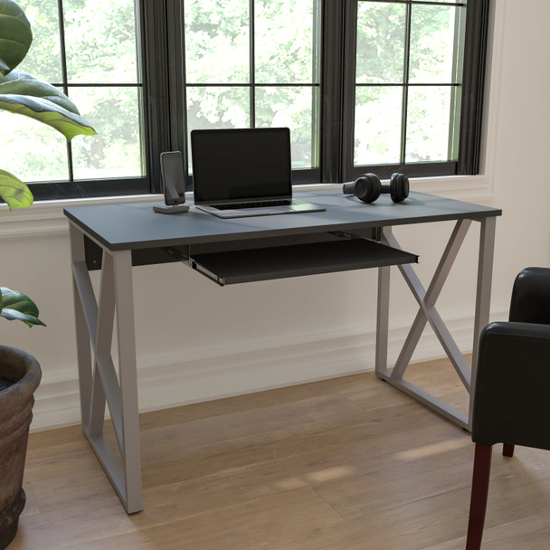 Salvador Black Computer Desk with Pull-Out Keyboard Tray and Cross-Brace Frame