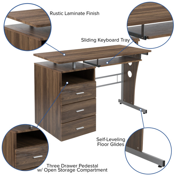 Joshua Rustic Walnut Desk with Three Drawer Pedestal and Pull-Out Keyboard Tray