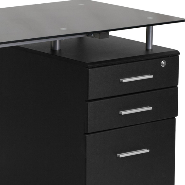 Singleton Black Glass Computer Desk with Three Drawer Pedestal