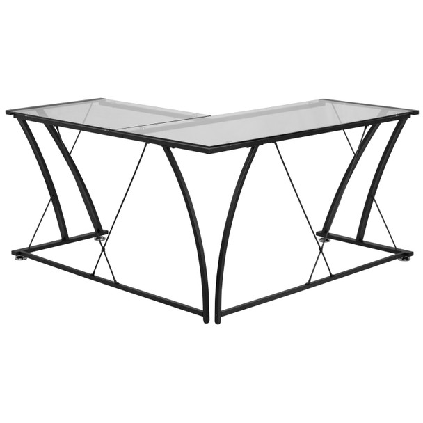 Singleton Glass L-Shape Computer Desk with Black Metal Frame