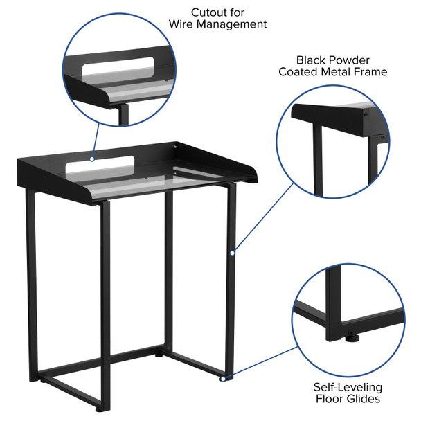 Jayden Contemporary Clear Tempered Glass Desk with Raised Cable Management Border and Black Metal Frame