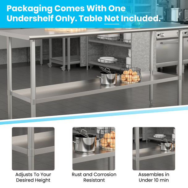 Woodford Galvanized Under Shelf for Prep and Work Tables - Adjustable Lower Shelf for 30" x 72" Stainless Steel Tables