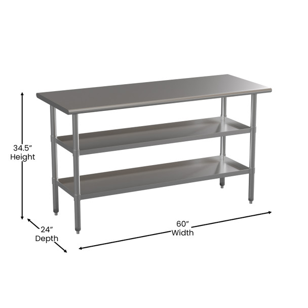 Randolph Stainless Steel 18 Gauge Work Table with 2 Undershelves - 60"W x 24"D x 34.5"H, NSF