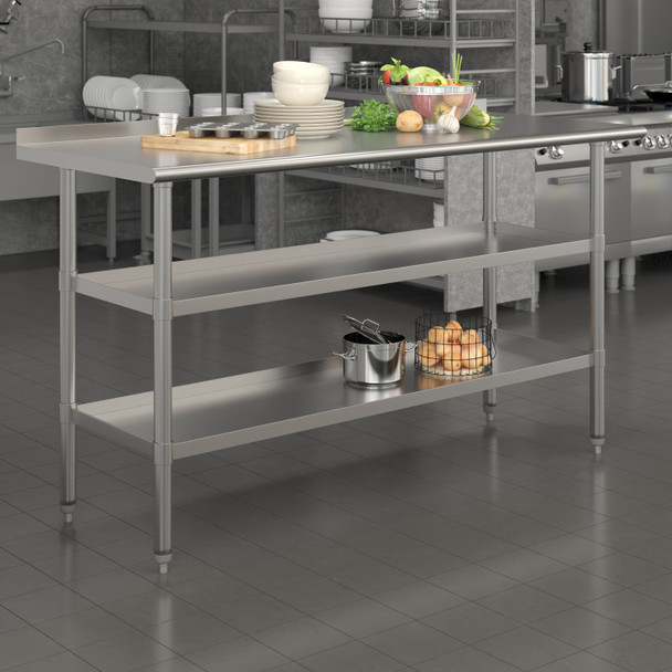 Randolph Stainless Steel 18 Gauge Work Table with 1.5" Backsplash and 2 Undershelves - 60"W x 24"D x 36"H, NSF