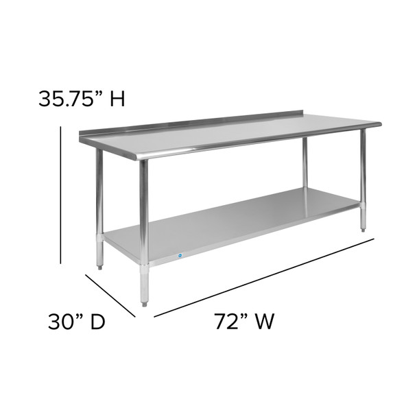 Reader Stainless Steel 18  Gauge Prep and Work Table with 1.5" Backsplash and Undershelf - NSF Certified - 72"W x 30"D x 36"H