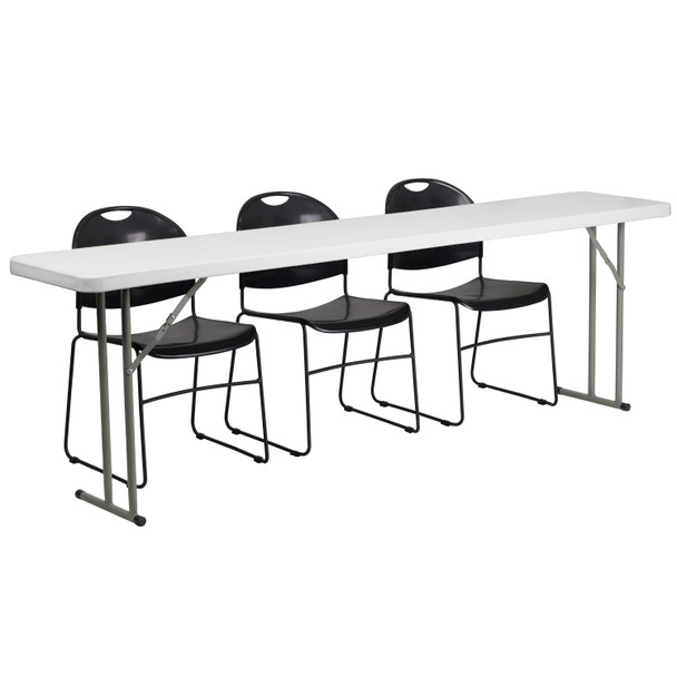 Kathryn 8-Foot Plastic Folding Training Table Set with 3 Black Plastic Stack Chairs