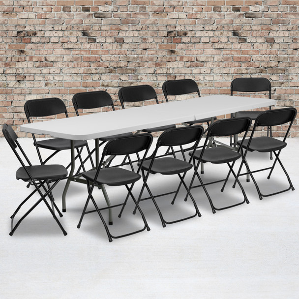 Kathryn 8' Bi-Fold Granite White Plastic Event/Training Folding Table Set with 10 Folding Chairs