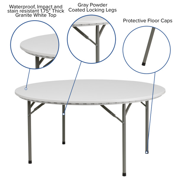Kathryn 5-Foot Round Granite White Plastic Folding Table