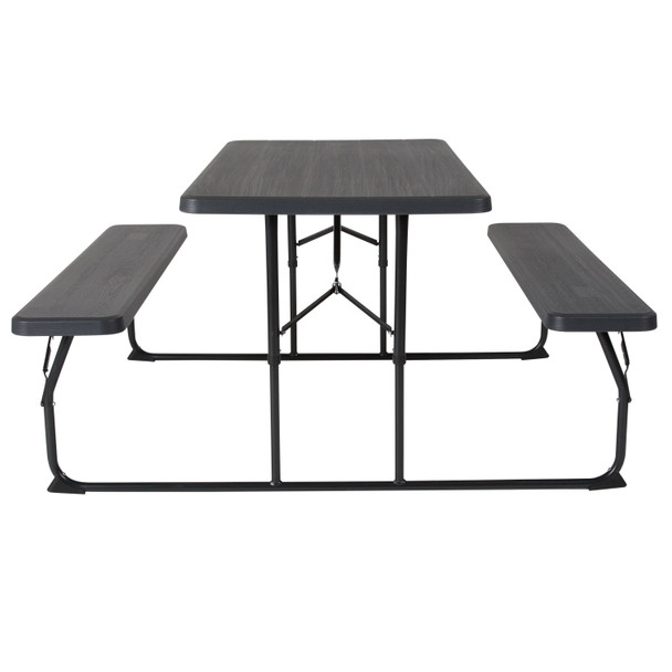 Insta-Fold Charcoal Wood Grain Folding Picnic Table and Benches - 4.5 Foot Folding Table
