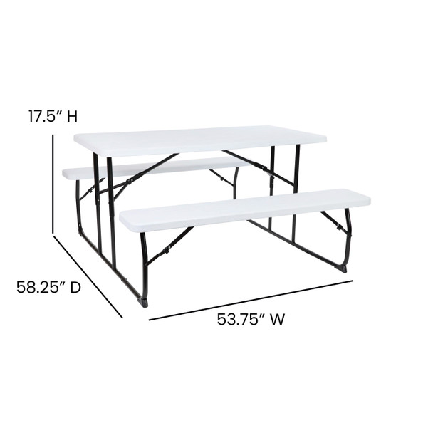 Insta-Fold White Wood Grain Folding Picnic Table and Benches - 4.5 Foot Folding Table