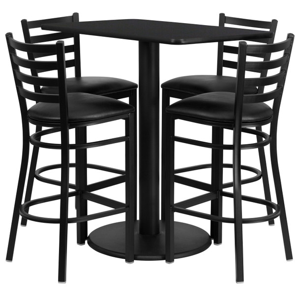 Jamie 24'' x 42'' Rectangular Black Laminate Table Set with 4 Ladder Back Metal Barstools - Black Vinyl Seat