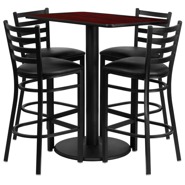 Jamie 24'' x 42'' Rectangular Mahogany Laminate Table Set with 4 Ladder Back Metal Barstools - Black Vinyl Seat