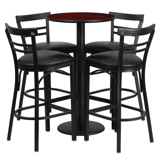 Jamie 24'' Round Mahogany Laminate Table Set with Round Base and 4 Two-Slat Ladder Back Metal Barstools - Black Vinyl Seat