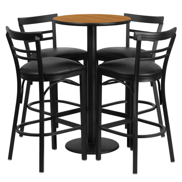 Jamie 24'' Round Natural Laminate Table Set with Round Base and 4 Two-Slat Ladder Back Metal Barstools - Black Vinyl Seat